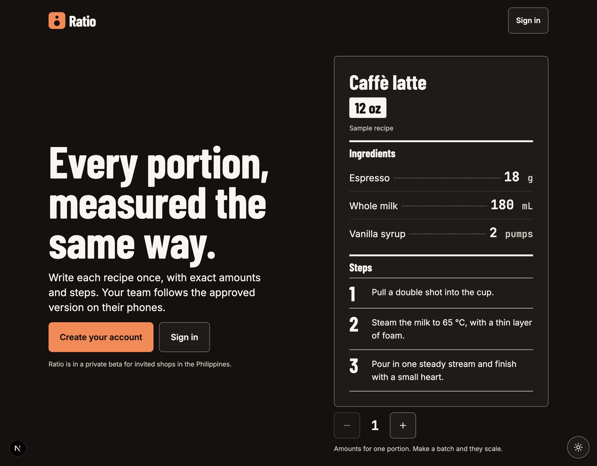 Ratio's home page. On the right is a sample guide for a 12 ounce caffè latte, listing espresso, milk and vanilla syrup with exact amounts, followed by three numbered steps.