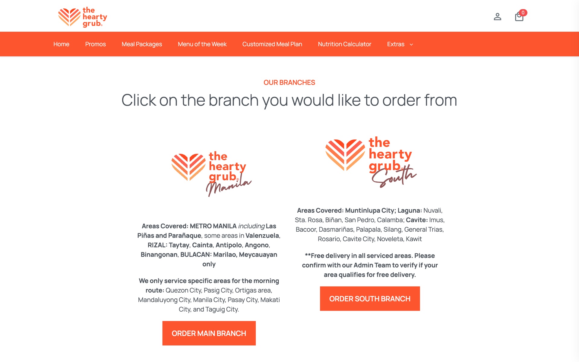 The branch selection page, where a customer chooses between the Manila and South branches before ordering.